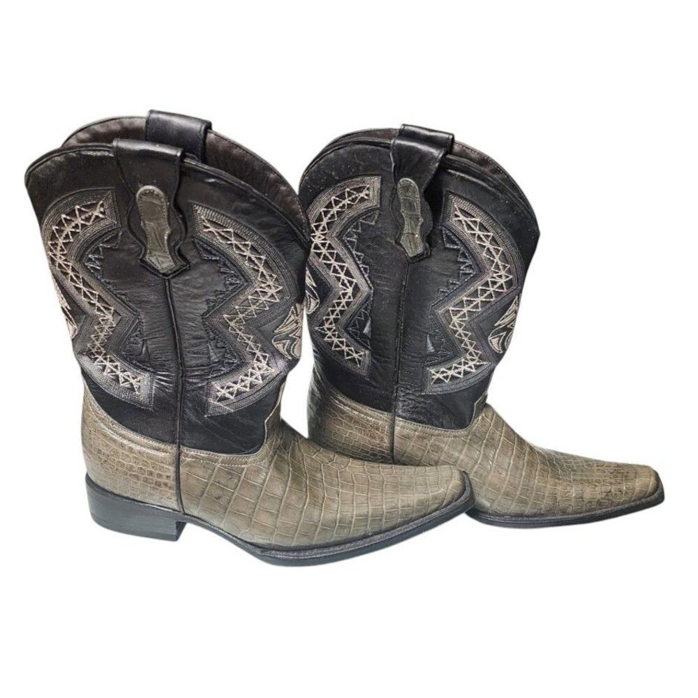 Ausente Caiman Tail Alligator Skin Cowboy Boots Embroidered Olive Green/Black 11